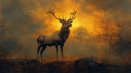 Majestic elk standing in a golden forest during sunset, showcasing nature's beauty and wildlife
