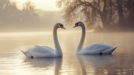 Fototapeta premium Two elegant swans in love gracefully glide across a serene lake in the forest. The morning fog envelops the scene.