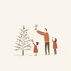 Obraz premium Family Decorating Christmas Tree with Ornaments and Gifts