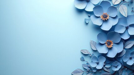 Serene Blue Paper Flowers on Light Blue Background with Copy Space