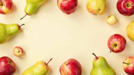 A vibrant arrangement of ripe red apples and green pears forms a delightful frame, creating a captivating visual border against a pale yellow backdrop.