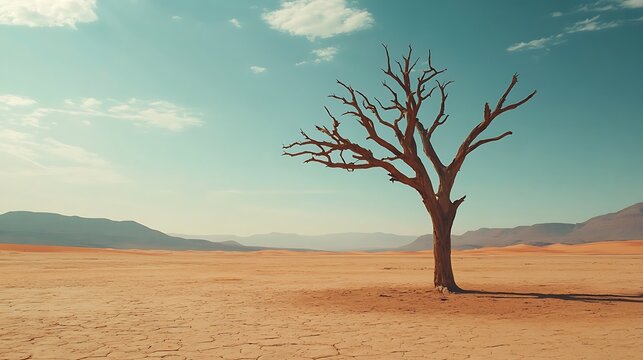 Solitary Dead Tree in Arid Desert Landscape Under a Vast Sky