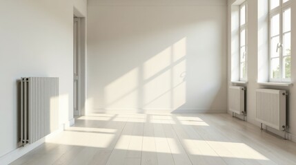 Sunlight streams through windows illuminating an empty room with light colored walls, wood flooring, and modern radiators.