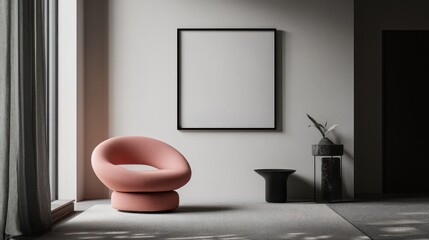 Spacious minimalist interior with a pink chair and a blank black framed wall art