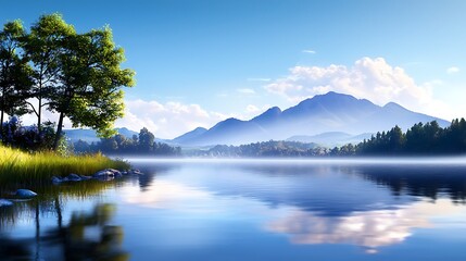Fototapeta premium Serene Lakeside Landscape with Mountain Reflections