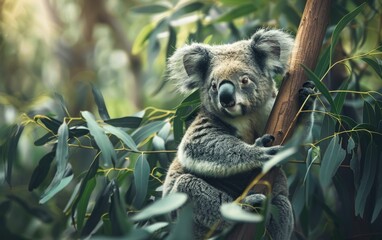 Fototapeta premium A cute koala bear holds onto a eucalyptus tree surrounded by vibrant green leaves, depicting wildlife in its natural habitat