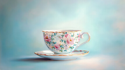 Fototapeta premium An artistic oil painting of a teacup with delicate floral patterns, placed against a soft pastel blue background