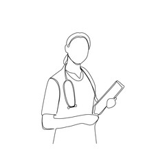 Continuous line drawing of a doctor with stethoscope and clipboard. One line art of health care concept.