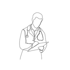 Continuous line drawing of a doctor with stethoscope and clipboard. One line art of health care concept.