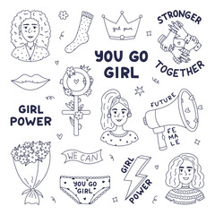 Lovely sketch sticker set for feminism movement, women rights, equality, gender solidarity. Cute hand drawn line collection for social media, poster design with trendy doodle of Girl Power.