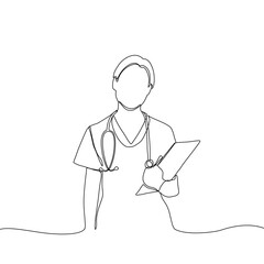 Continuous line drawing of a doctor with stethoscope and clipboard. One line art of health care concept.