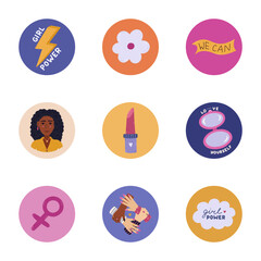 Fototapeta premium Lovely cartoon round highlight icon with feminism movement clipart for social media, blogs, business, branding. Cover stories icons with girl portrait, crown, lightning, lipstick in bright colors