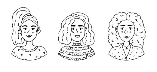 Lovely line doodle set with happy smiling women with different hairstyle, clothes, jewelry. Cute hand drawn outline lady character portrait for social media avatar, International Womens Day poster
