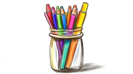 Colorful Art Supplies in Jar with Crayons and Markers for Creativity