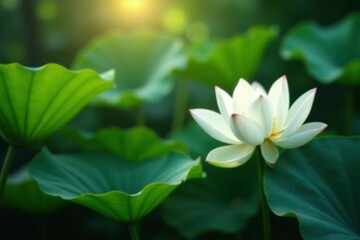 Fototapeta premium Softly lit white lotus flowers amidst lush tropical foliage, foliage, tropical garden