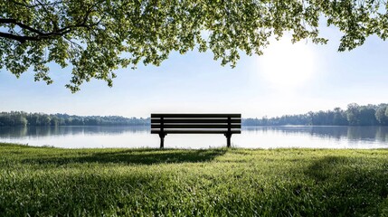 Fototapeta premium Serene lakeside bench at sunrise, tranquil nature scene, peaceful morning; ideal for relaxation themes