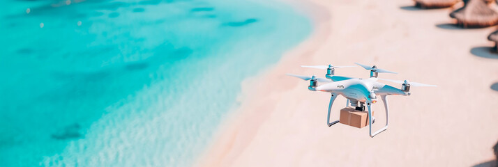 Naklejka premium Drone Delivery Service: Package Transport by Unmanned Aerial Vehicle over Tropical Beach