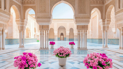 Serene Courtyard with Intricate Arches and Blossoming Flowers