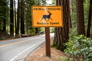 A bright yellow sign warns drivers of an animal crossing ahead, indicating the need to reduce speed for safety.