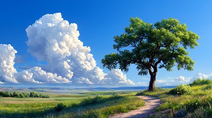 Obraz premium Serene Landscape with Lush Green Tree and Puffy Clouds