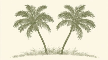 Obraz premium Two palm trees, grass, beach, sketched style.