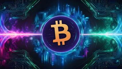 A futuristic digital artwork featuring a prominent cryptocurrency symbol, such as the Bitcoin logo, centered against a mesmerizing.