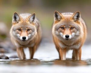 Obraz premium Two foxes walking through a shallow stream.