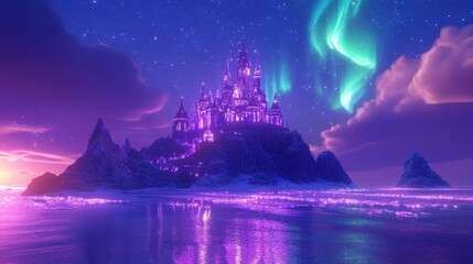 Mystical castle on a serene island, vibrant auroras arching across a starry night sky