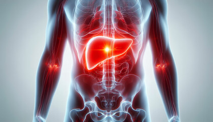 human body anatomy with red glow on liver