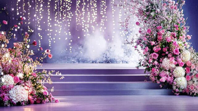 Decorated stage with dramatic lighting, smoke effects, and lush floral arrangements in pink and white tones for romantic event or wedding ceremony