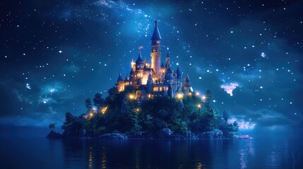 Fototapeta premium Mystical castle on a serene island, vibrant auroras arching across a starry night sky