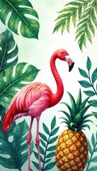 Obraz premium Vibrant watercolor jungle leaves, flamingo, pineapple , wrapping paper, art