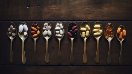 Variety of Medications and Vitamins Displayed on Golden Spoons