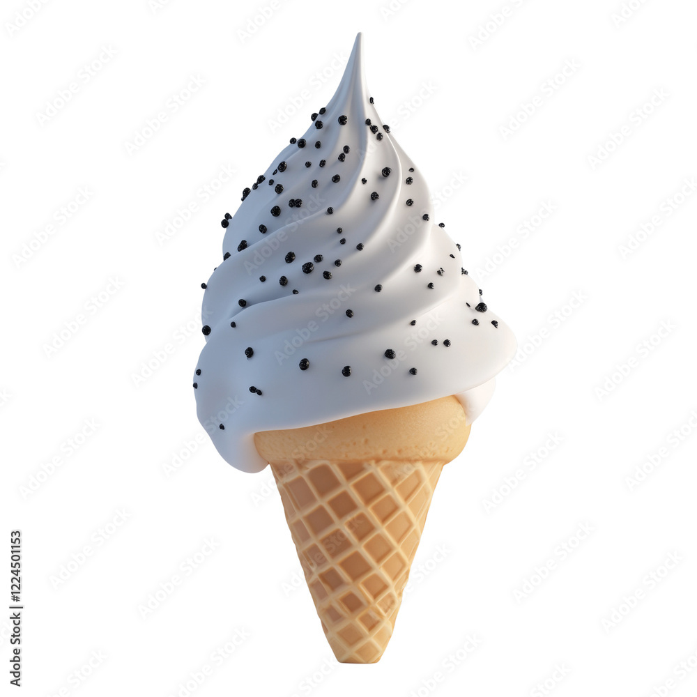 Aufkleber A digitally rendered image shows a single swirl ice cream cone with white ice cream and black sprinkles against a black background.