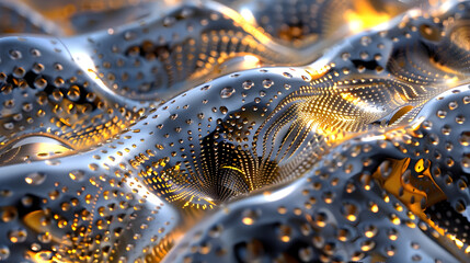 A close-up of a textured, metallic surface with droplets and intricate patterns.