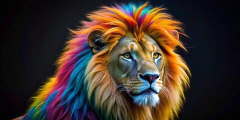 Fototapeta premium Close-Up Colorful Lion Portrait, Miniature Effect, Black Background - Stock Photo