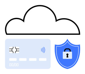 Cloud icon, credit card with contactless technology, and shield with padlock emphasize secure online payments. Ideal for fintech, cloud storage, e-commerce, cybersecurity, online security, data