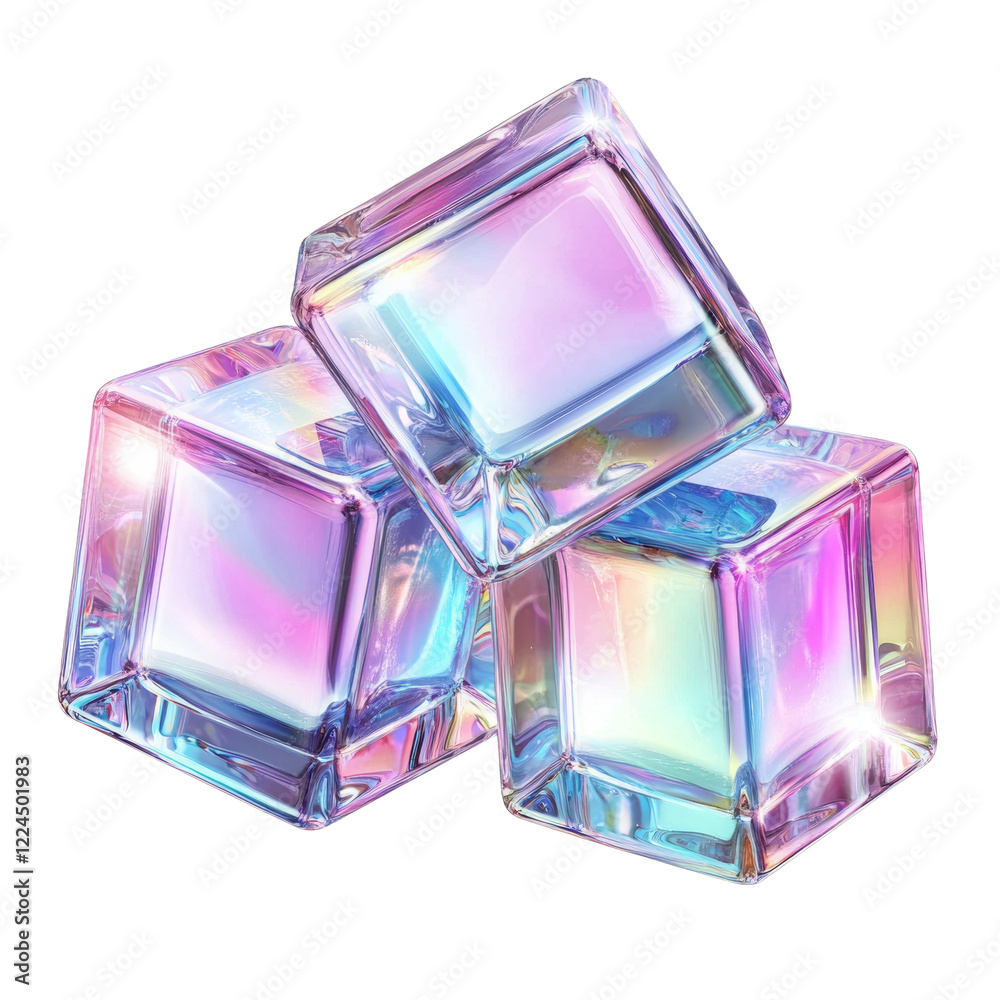 Poster three translucent cubic objects exhibit vibrant iridescent pastel colors and glowing reflections aga