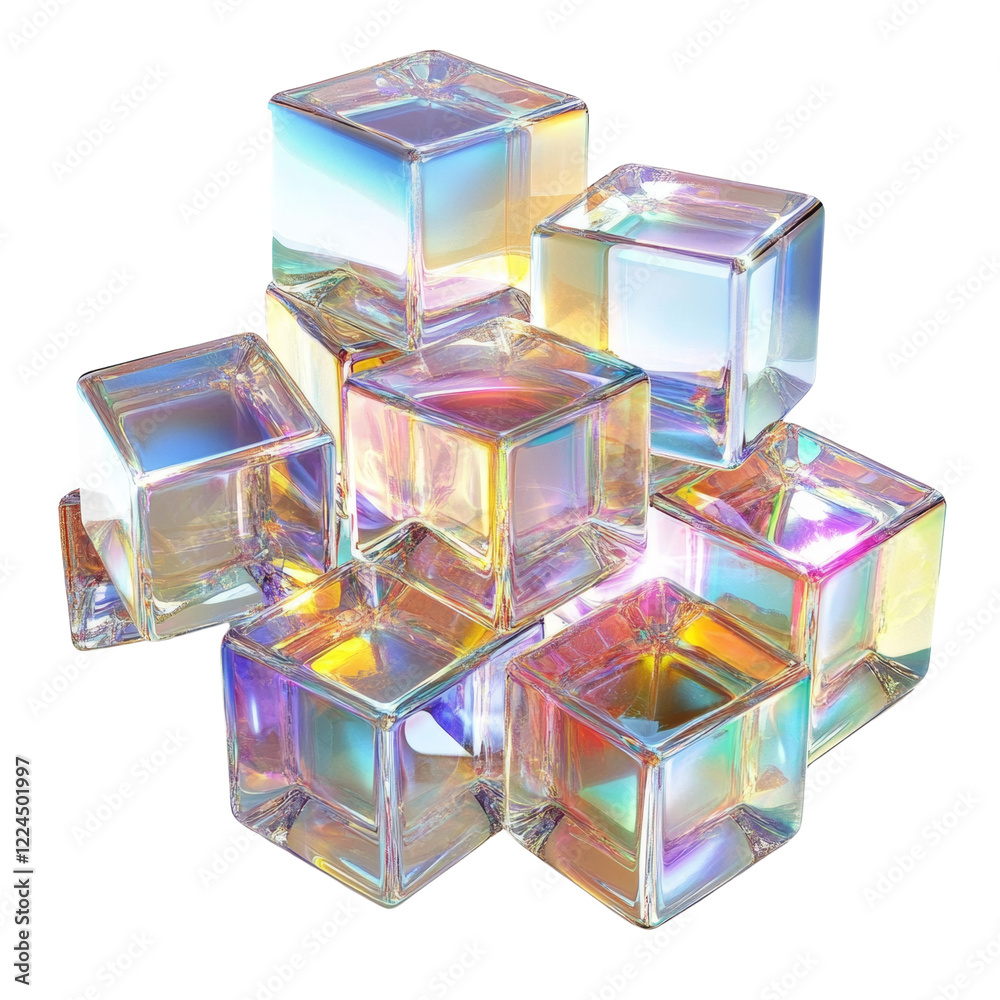 Poster A cluster of iridescent glass cubes, stacked and overlapping to create an abstract composition.