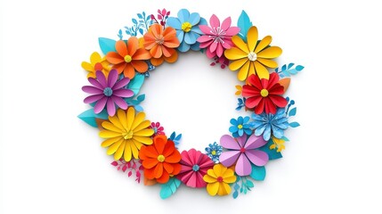 Colorful Paper Flower Wreath with Multi-Colored Petals and Leaves