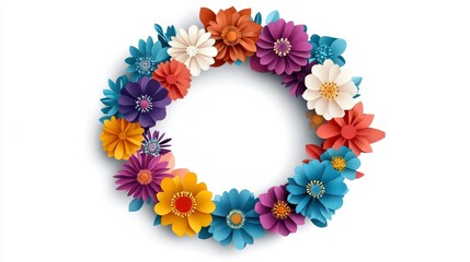 Colorful Floral Wreath with Paper Flowers on White Background