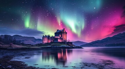 Solitary castle on a peaceful island illuminated by colorful auroras and sparkling night stars