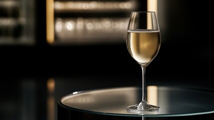 A glass of champagne resting on a marble table, with bubbles rising and delicate reflections adding sophistication to the scene.