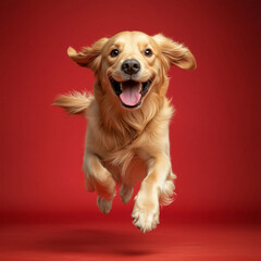 The Golden Retriever dashes across the vibrant red background, its golden fur shimmering with each joyful stride.  