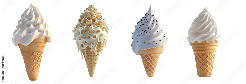 Aufkleber A digital rendering showcasing four variations of ice cream cones with differing textures and toppings.