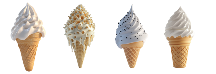A digital rendering showcasing four variations of ice cream cones with differing textures and toppings.