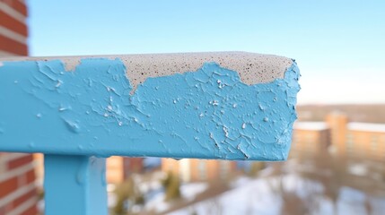 Peeling paint on balcony railing, winter cityscape background