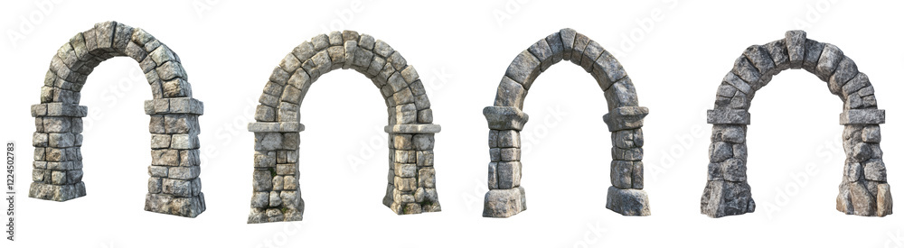 Poster A 3D render showcases four variations of a stone archway, each showing different degrees of wear and damage.