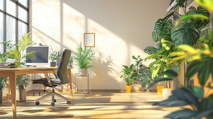 A bright, airy office space filled with natural light and greenery, featuring a desk, chair, and various plants for a refreshing work environment.