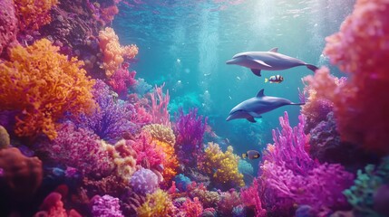 Obraz premium Vibrant Coral Reef with Dolphins: An Underwater Paradise